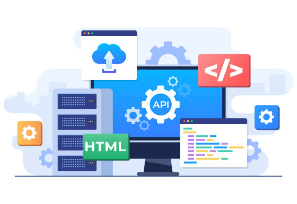 application programming interface concept, api provides the interface for communication between applications, software development tool, internet and networking, simplifying application integration - 系統(tǒng)軟件 幅插畫(huà)檔、美工圖案、卡通及圖標(biāo)