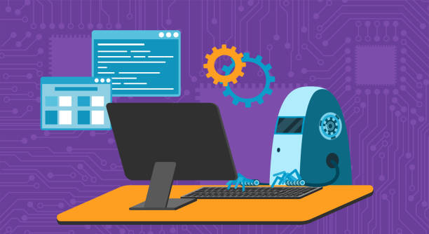 automated work of software, business project development, robot using keyboard at table - 系統(tǒng)軟件開發(fā) 幅插畫檔、美工圖案、卡通及圖標